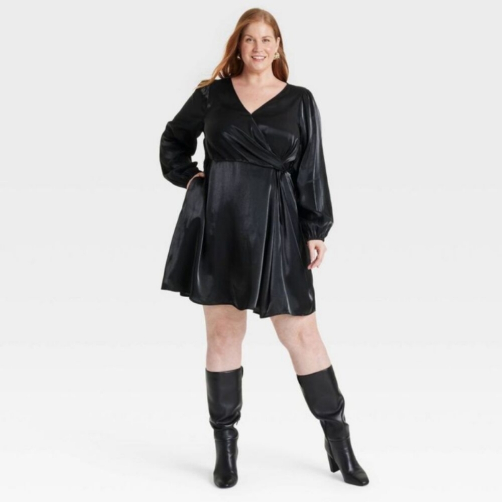 Ava & Viv Black Balloon Sleeve Faux Wrap Lightweight Satin Dress Size XXL NWT